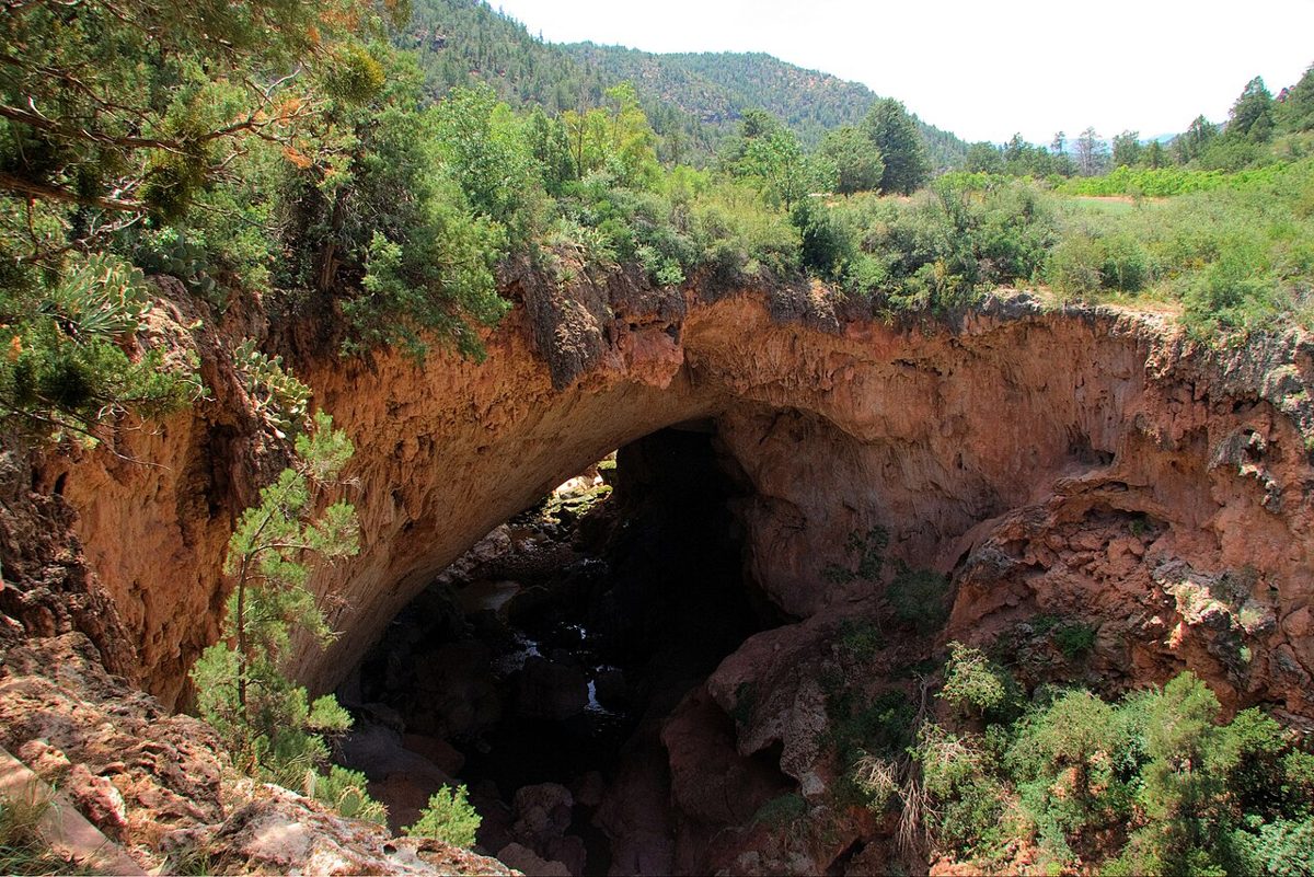 A massive reddish-brown travertine arch spanning a shadowed creek canyon, with pine-covered hills and green brush above.